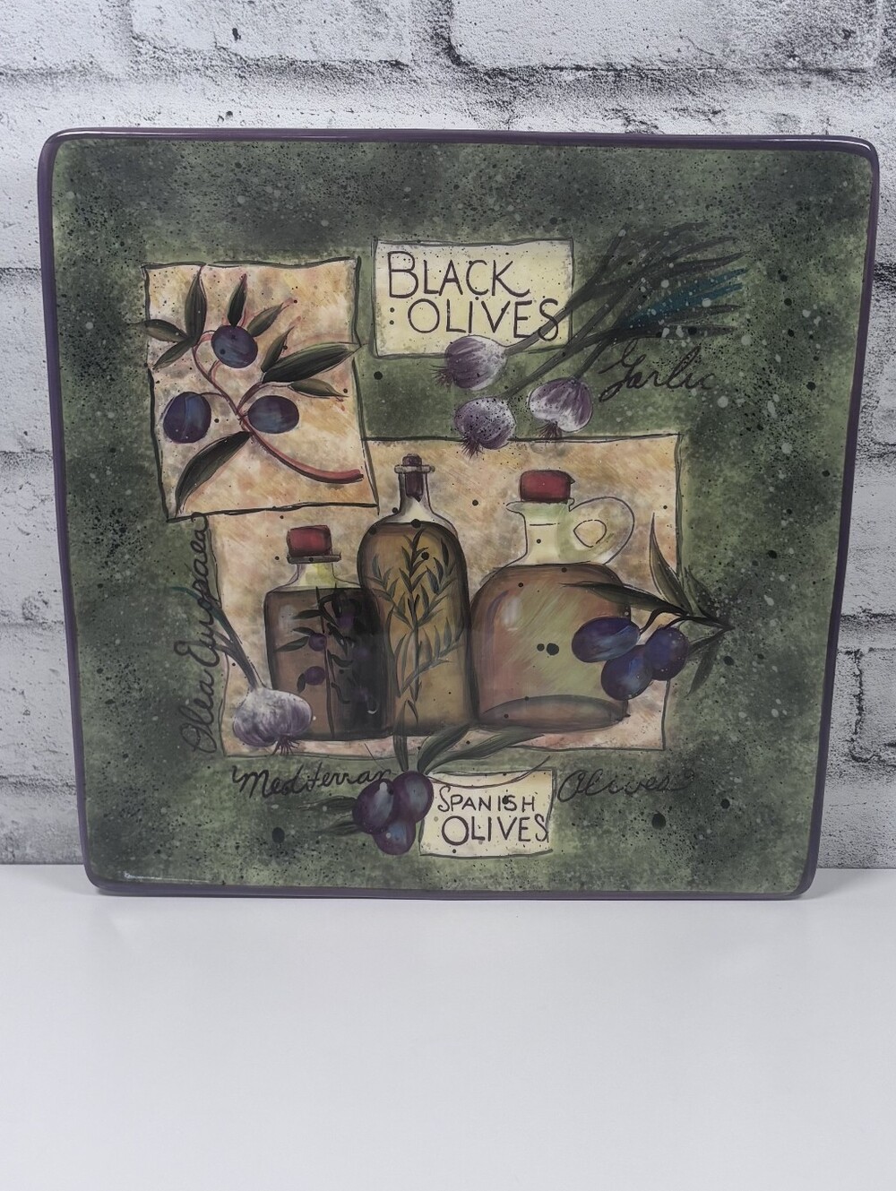 Susan Winget Olive Garlic Decorative Square Serving Plate 13 Inch